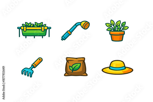 Gardening icons on a dark background with neon glow