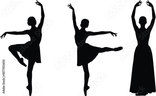 Ballerina silhouettes set, female ballet dancers in elegant poses, graceful dancing girls in tutus, performing arts vector, isolated black stage performance icons,