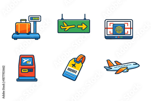Airport icons: baggage scale, sign, passport control, kiosk, tag