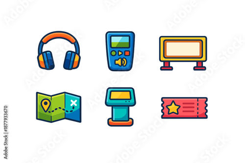 Set of game icons with headphones, ticket, map, and billboard