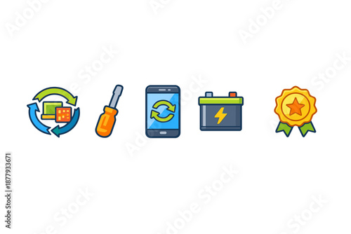 Digital icons for technology, repair, and success