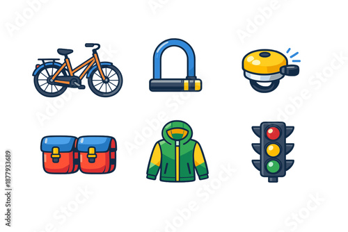 Bicycle accessories icons set on a dark background
