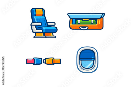 Airplane travel icons: seat, luggage, seatbelt, and window