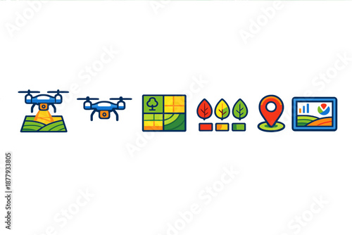 Agriculture technology icons: drone, field, leaves, location, data