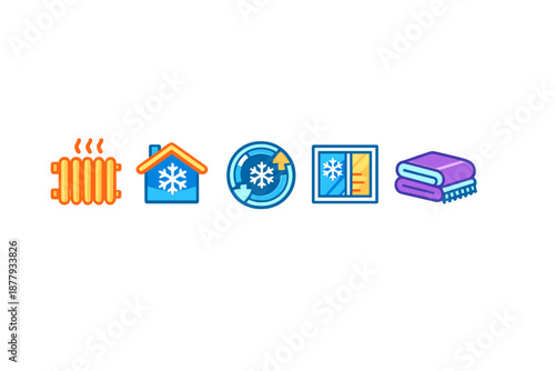 Heating and cooling icons set with a radiator, house, thermostat, and