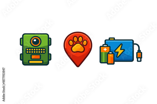 Collection of stylized icons: robot, paw print location, and battery