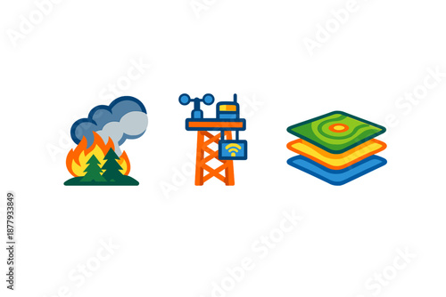 Icons of wildfire, weather station, and data layers