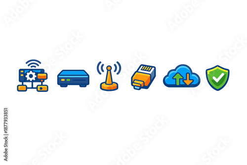 Network technology icons: server, router, antenna, cable, cloud