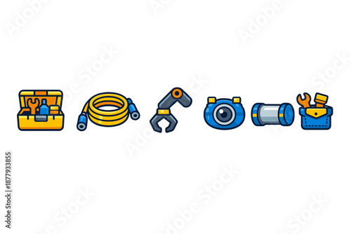 Set of icons: toolbox, hose, robotic arm, camera, flashlight, tool
