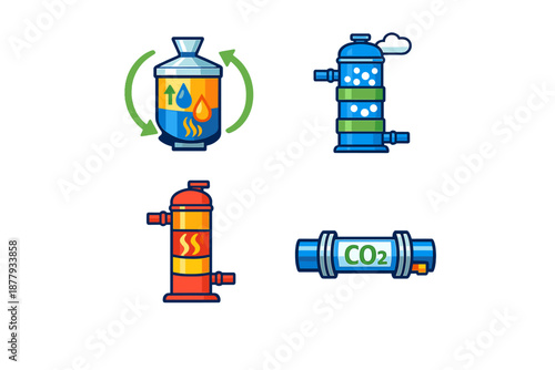 Industrial heat exchangers and CO2 cylinder icons