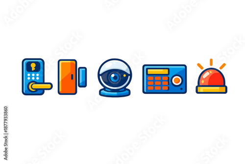 Smart home security icons: lock, door, camera, panel, siren