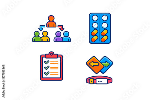 Four colorful icons representing business, health, planning, and