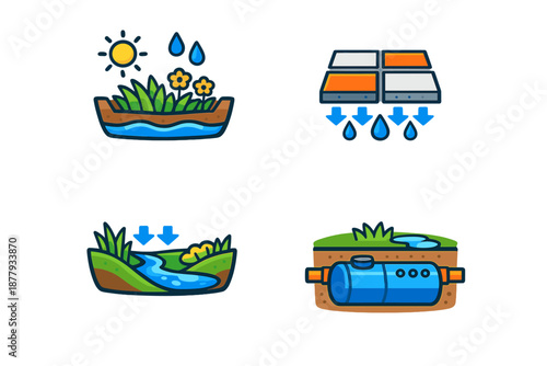 Water cycle, rain, garden, and underground tank icons