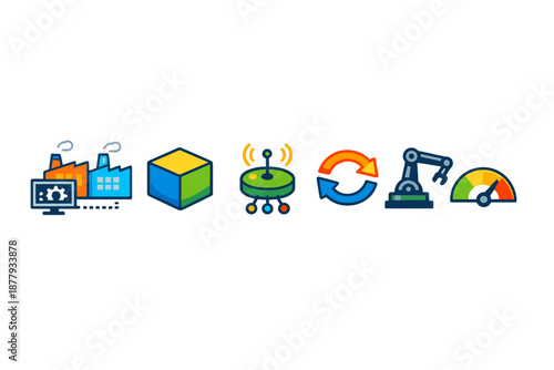 Industrial technology icons with glowing effects on dark background