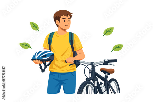 Young man with bicycle and helmet, concept of eco-friendly travel