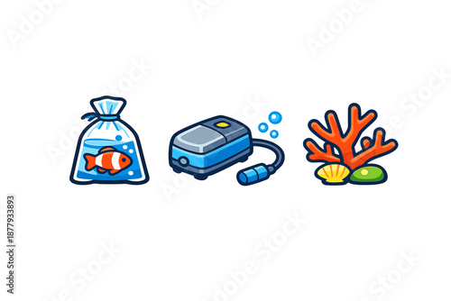 Aquarium decoration and supplies icons