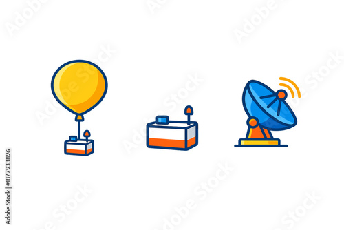 Set of three flat icons: balloon, box, satellite dish