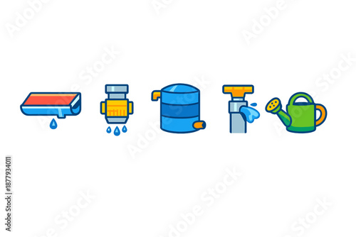 Water equipment icons: rain gutter, pump, tank, faucet, watering can