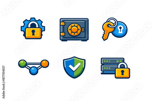 Cybersecurity icons: padlock, safe, keys, network, shield, server