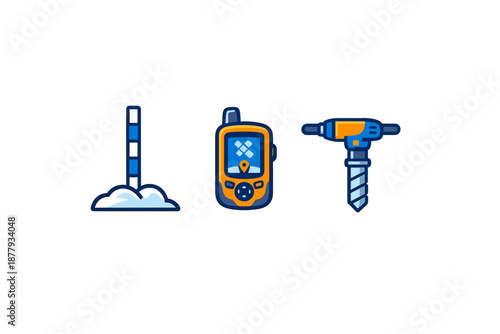 Set of three flat icons: rocket launch, GPS device, and drill