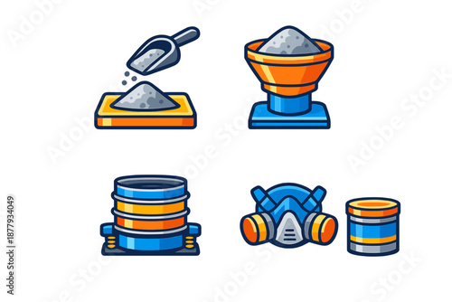 Set of icons representing industrial materials and safety equipment