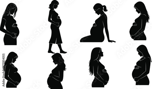 Pregnant woman silhouette set, maternity poses, prenatal care concept, black vector illustration, motherhood theme, cad drawing flat vector illustration, pregnancy profile design