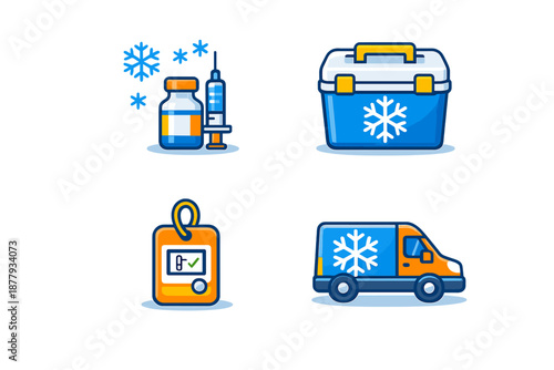 Cold chain icons: vaccine, cooler, tag, and delivery van