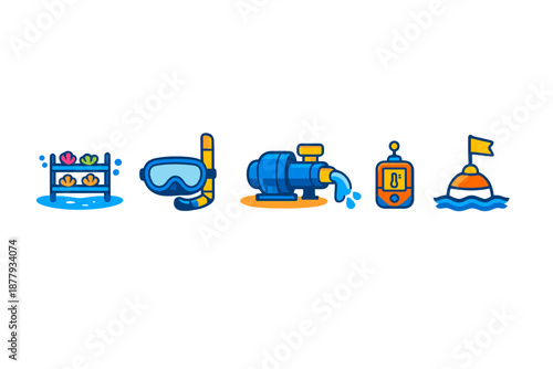 Set of flat icons related to water activities and equipment