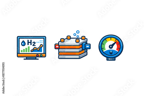 Hydrogen energy concept icons: monitor, fuel cell, gauge