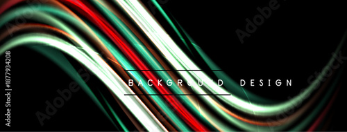 Abstract flowing lines create dynamic background. Red, green, white hues blend, forming modern design element. Dark space surrounds vibrant curves.