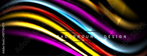 Abstract flowing ribbons, vibrant colors, dynamic curves. Black background emphasizes bright lines, modern design element.