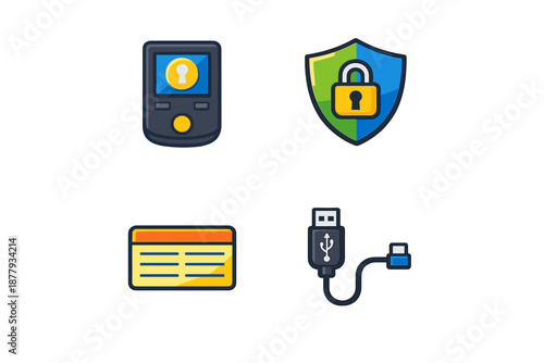 Four security and technology icons on a dark background