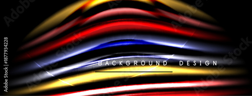 Abstract colorful lines create dynamic wave pattern. Black background emphasizes vibrant hues, modern design element.
