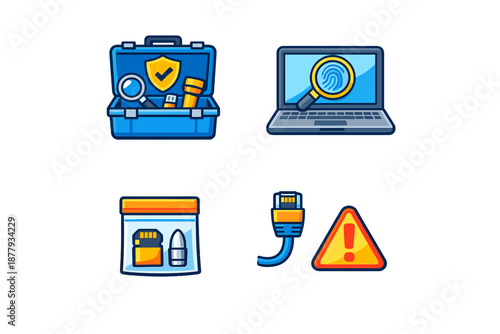Digital and physical evidence icons for investigation and security