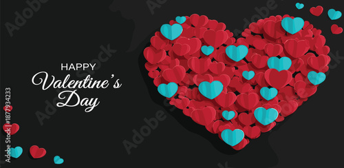Artistic paper heart composition in vibrant red and teal, symbolizing love and romance for a joyous Valentine's Day celebration on a dark background