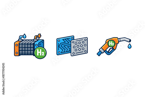 Hydrogen fuel cell, membrane, and refueling nozzle icons