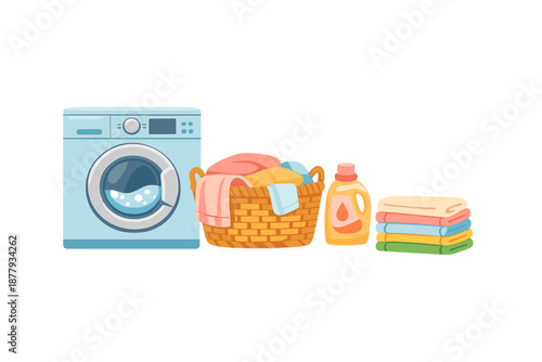Washing machine, basket of laundry, detergent, and clean folded towels