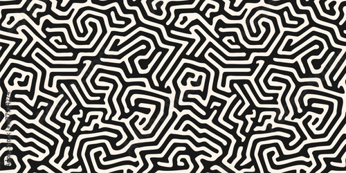 Vector seamless pattern with abstract maze, labyrinth, organic shapes, irregular fluid lines. Black and white funky background with biological structures, brain texture, coral. Trendy all-over design