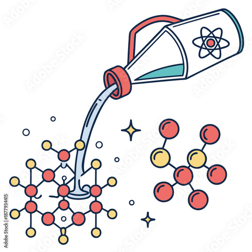 Abstract chemistry concept: colorful catalyst accelerating reaction, symbolizing innovation and scientific breakthrough in clean vector illustration.
