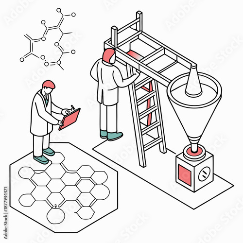 Advanced chemical formulation platform concept: precision engineering and molecular design for innovative solutions, depicted in a clean vector graphic.