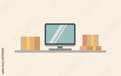 E commerce Business Concept with Computer and Cardboard Delivery Boxes