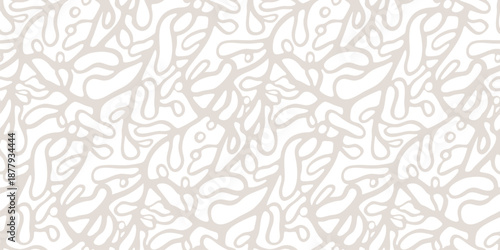 Abstract organic vector seamless pattern. Subtle texture with liquid shapes, botanical elements, cellular structures, natural forms. Simple white and beige background. All-over design for wallpapers