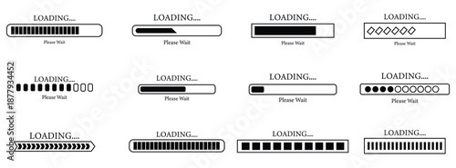 Collection of various loading bar icon. Buffering stripes, download timeline, battery charging level, progress indicators, status tracker and more. Loading bar progress icon. Vector illustration.