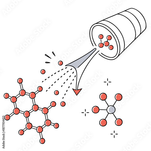 Vibrant catalyst chemistry concept: accelerating reaction with dynamic colorful particles, symbolizing scientific innovation and progress in a clean vector illustration.