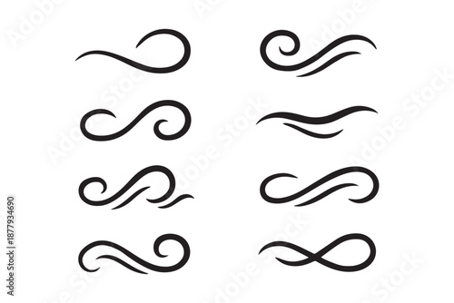 Doodle wind line sketch set. Hand drawn doodle wind blow icon. Air, wind, swirl in doodle illustration style. Doodle wind line sketch set. Hand drawn doodle wind air blow, swirl elements