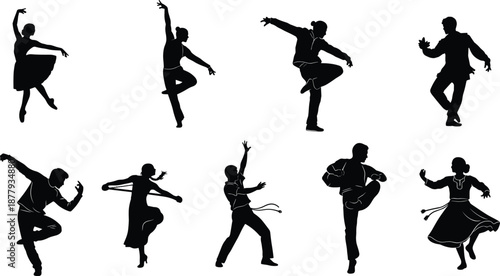 Silhouette dancers in motion, ballet, folk, contemporary, expressive poses, male and female, cultural dance, cad drawing flat vector illustration
