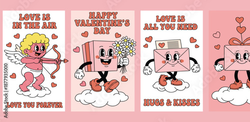 Retro love concept Whimsical Valentine's Day cards with charming cartoon characters, Cupid, and animated envelopes, conveying heartfelt messages in a nostalgic style