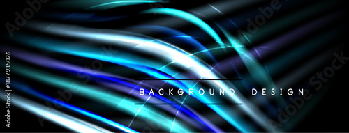 Abstract flowing lines create dynamic, vibrant background. Blue, white, teal hues dominate dark space. Modern design element.