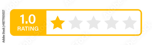 One Star Rating Badge Icon Showing 1.0 Customer Review Score with Yellow Star and Rounded Label, Very Low Satisfaction Level, Poor Product Evaluation, Service Quality Assessment, and Strongly Negative