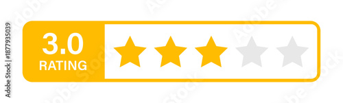 Three Star Rating Badge Icon Showing 3.0 Customer Review Score with Yellow Stars and Rounded Label, Average Satisfaction Level, Product Evaluation, Service Quality Measurement, and Neutral User Feedba